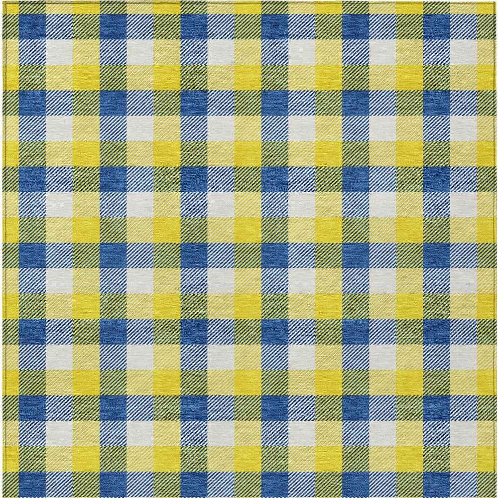9' X 12' Yellow Blue And Beige Plaid Washable Indoor Outdoor Area Rug