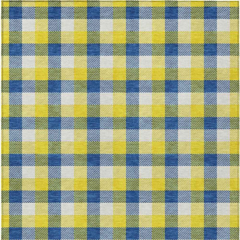 9' X 12' Yellow Blue And Beige Plaid Washable Indoor Outdoor Area Rug