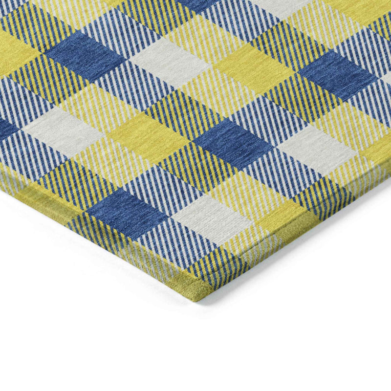9' X 12' Yellow Blue And Beige Plaid Washable Indoor Outdoor Area Rug