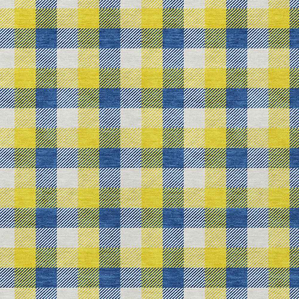 9' X 12' Yellow Blue And Beige Plaid Washable Indoor Outdoor Area Rug
