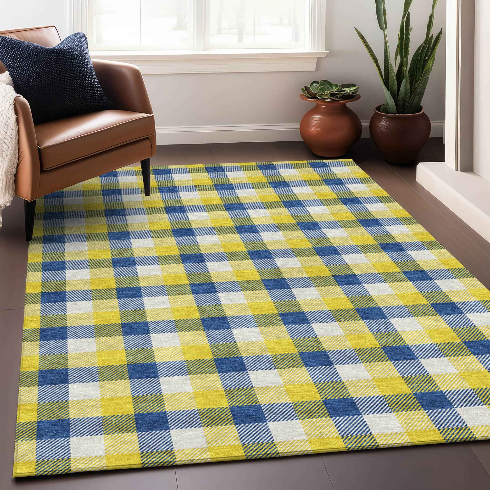 9' X 12' Yellow Blue And Beige Plaid Washable Indoor Outdoor Area Rug