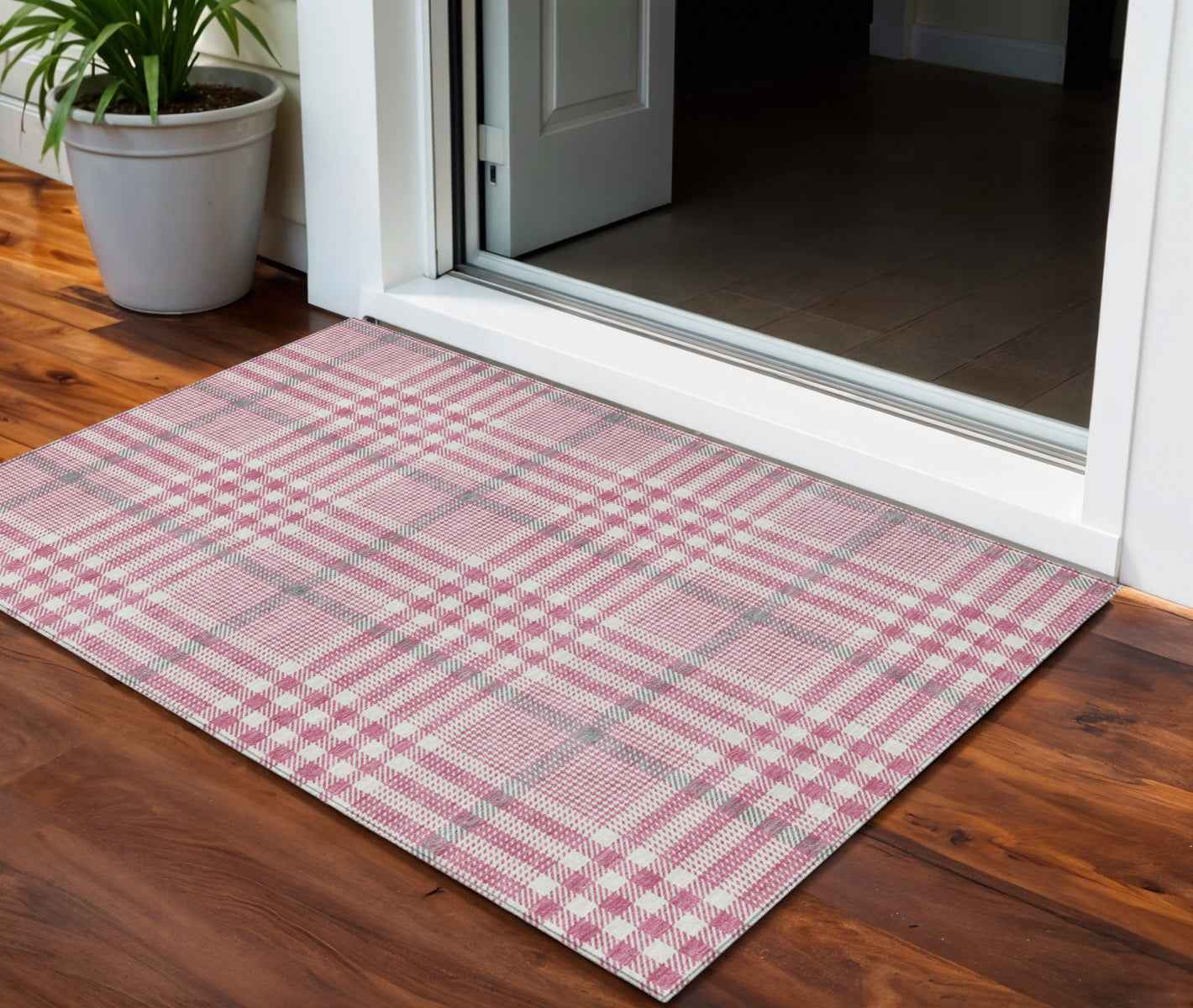3' X 5' Blush Gray And Ivory Plaid Washable Indoor Outdoor Area Rug