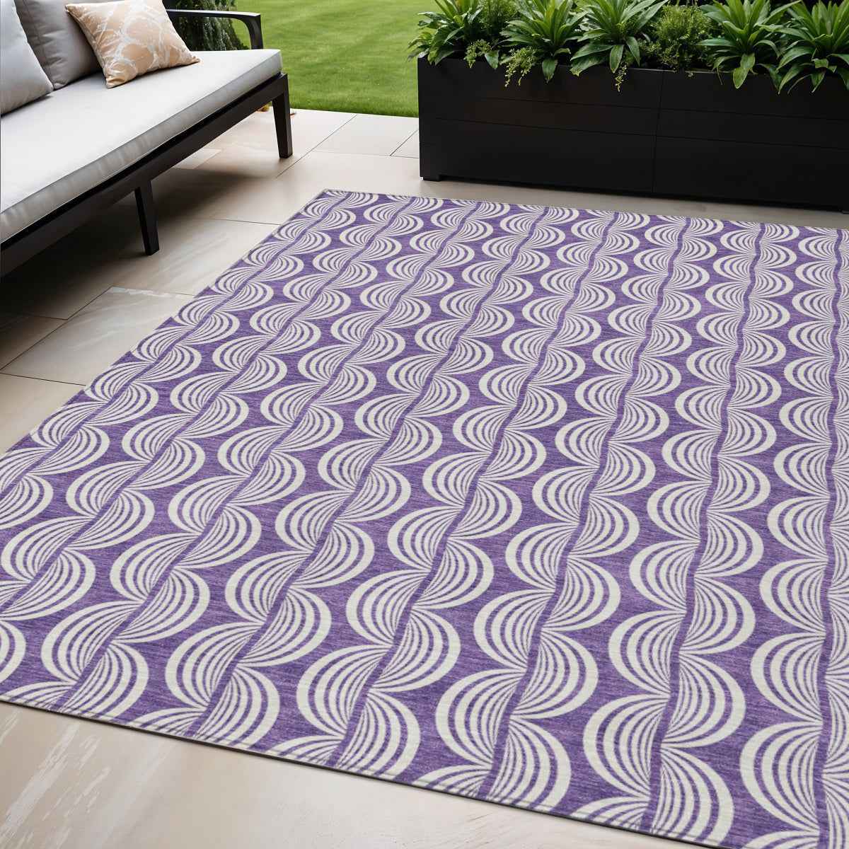 5' X 8' Purple And Ivory Ogee Washable Indoor Outdoor Area Rug