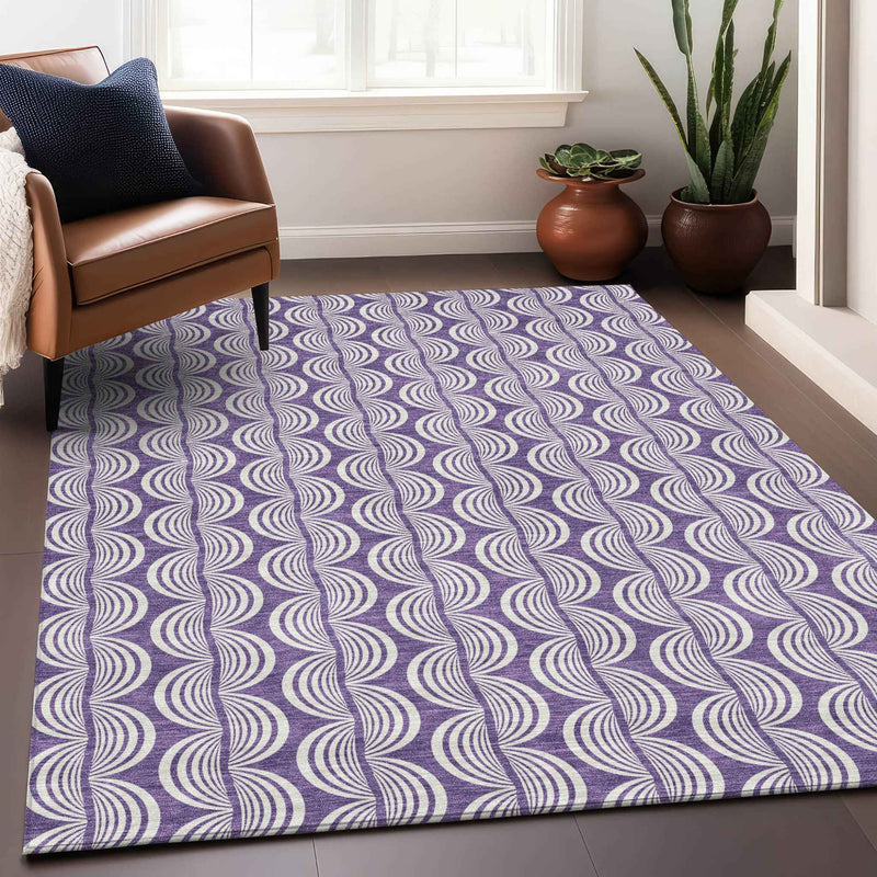 5' X 8' Purple And Ivory Ogee Washable Indoor Outdoor Area Rug