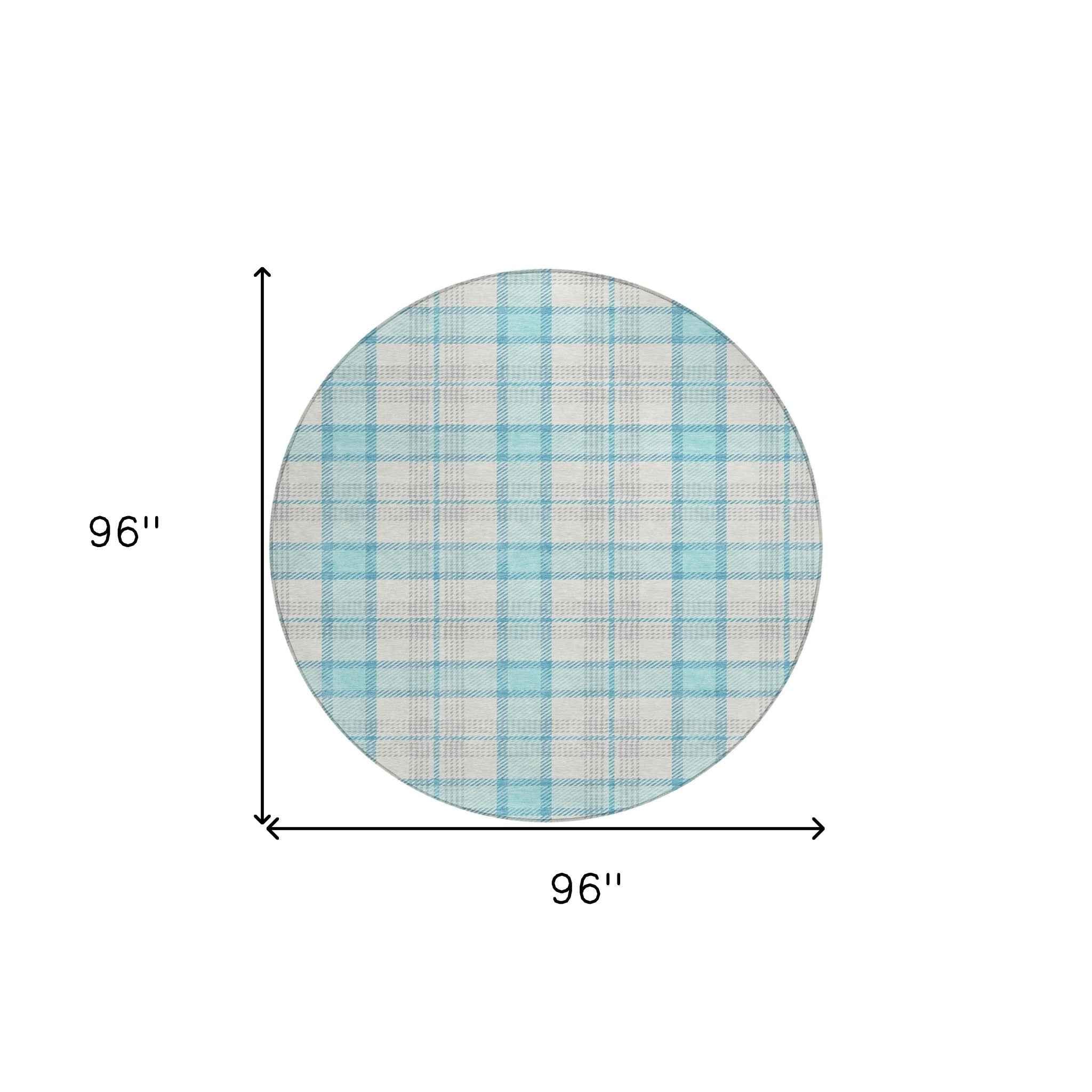 8' Aqua And Gray Round Plaid Washable Indoor Outdoor Area Rug