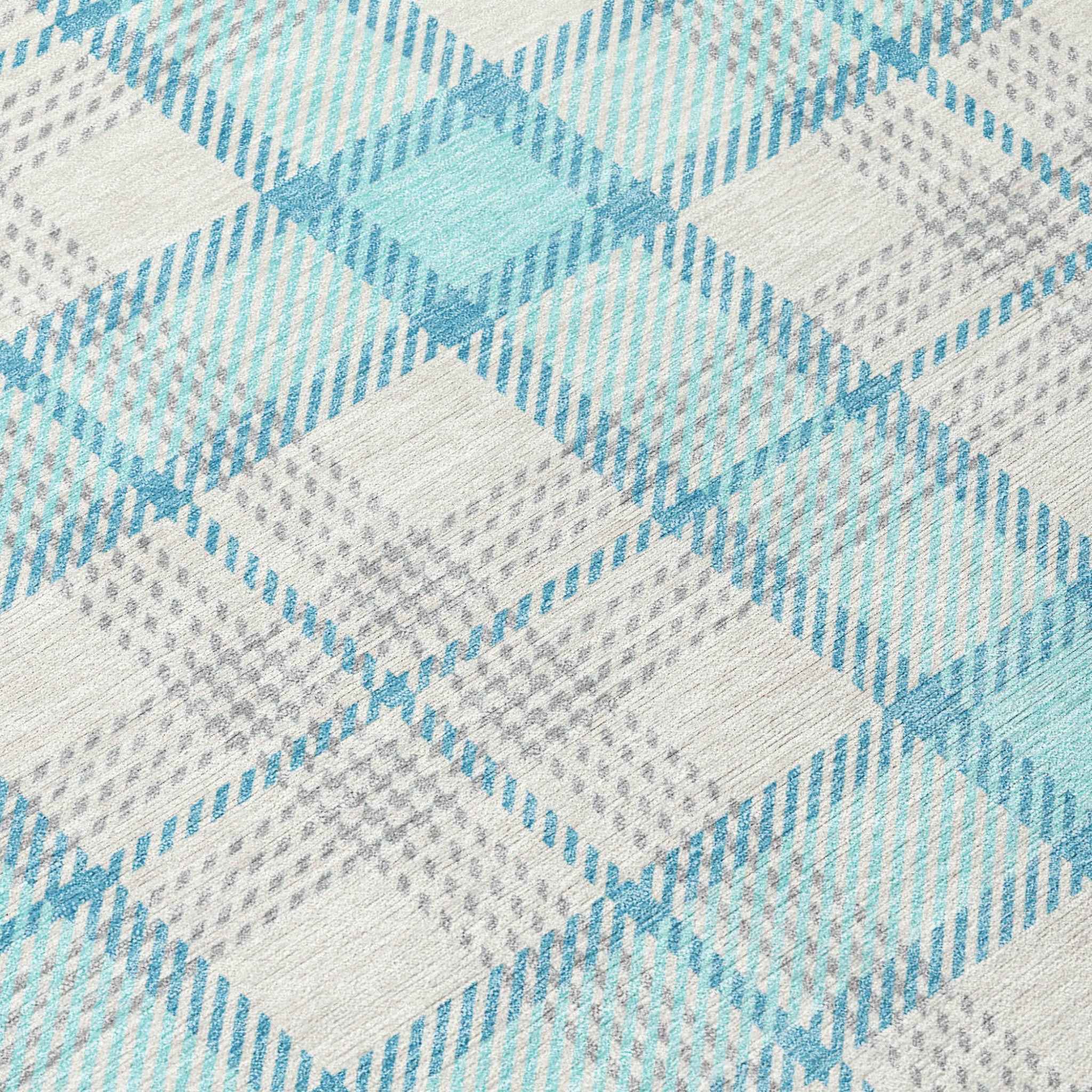 8' Aqua And Gray Round Plaid Washable Indoor Outdoor Area Rug