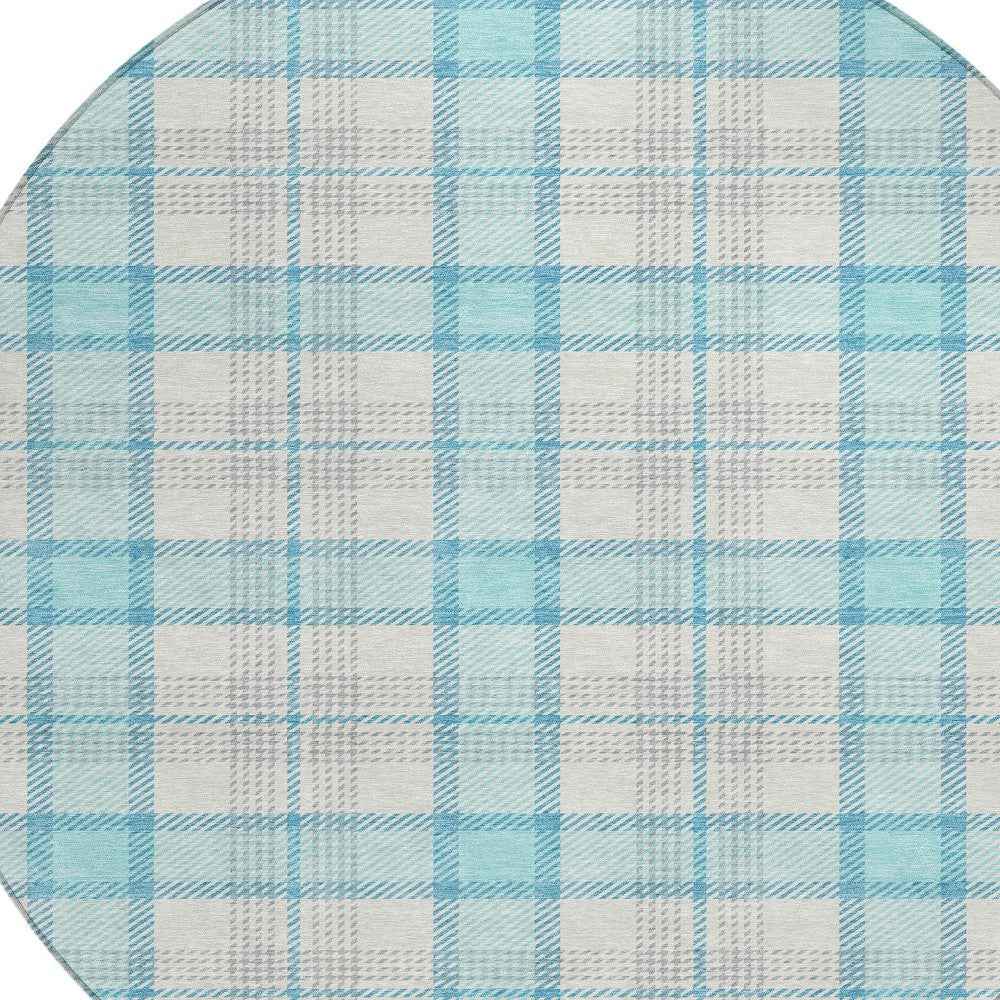 8' Aqua And Gray Round Plaid Washable Indoor Outdoor Area Rug