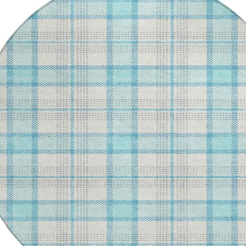 8' Aqua And Gray Round Plaid Washable Indoor Outdoor Area Rug