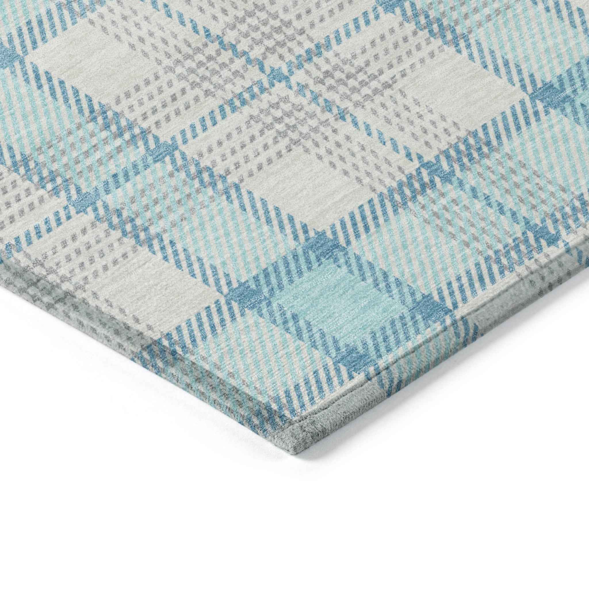 8' Aqua And Gray Round Plaid Washable Indoor Outdoor Area Rug