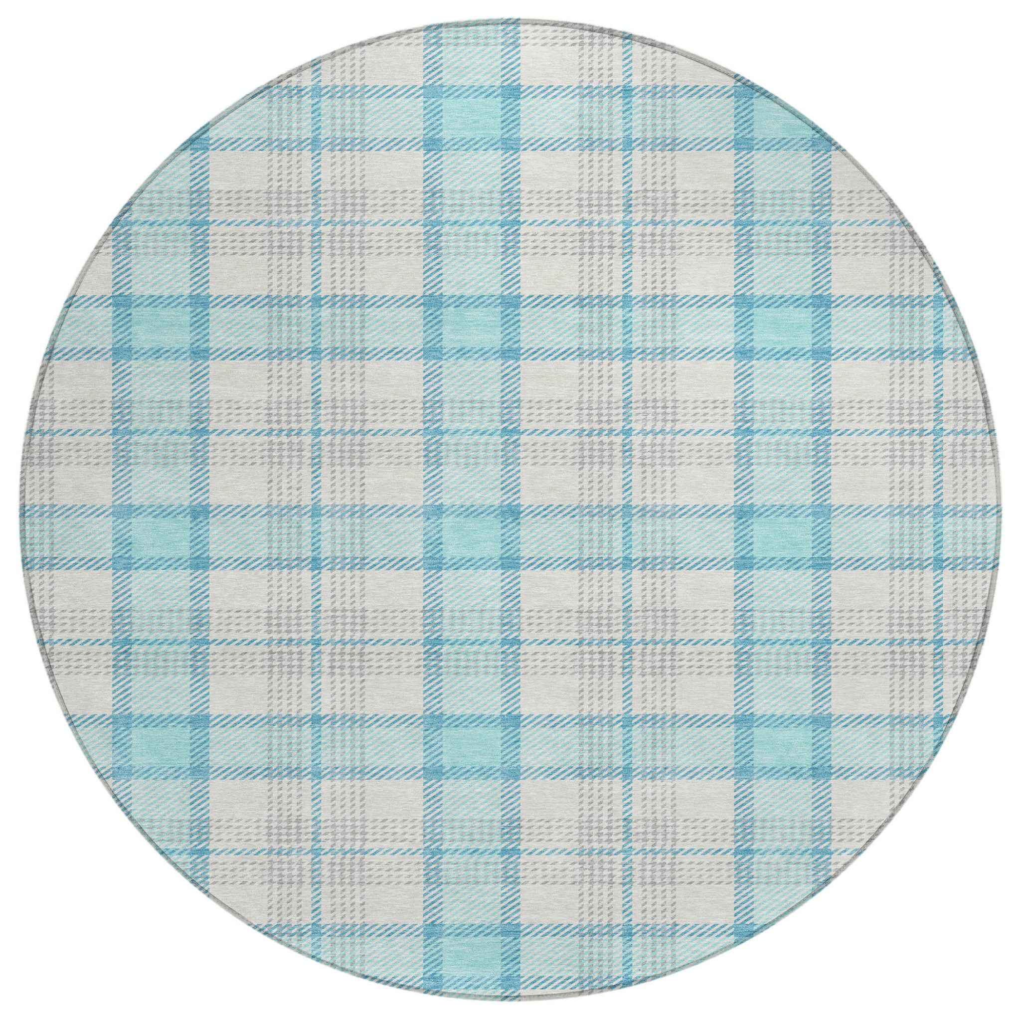 8' Aqua And Gray Round Plaid Washable Indoor Outdoor Area Rug