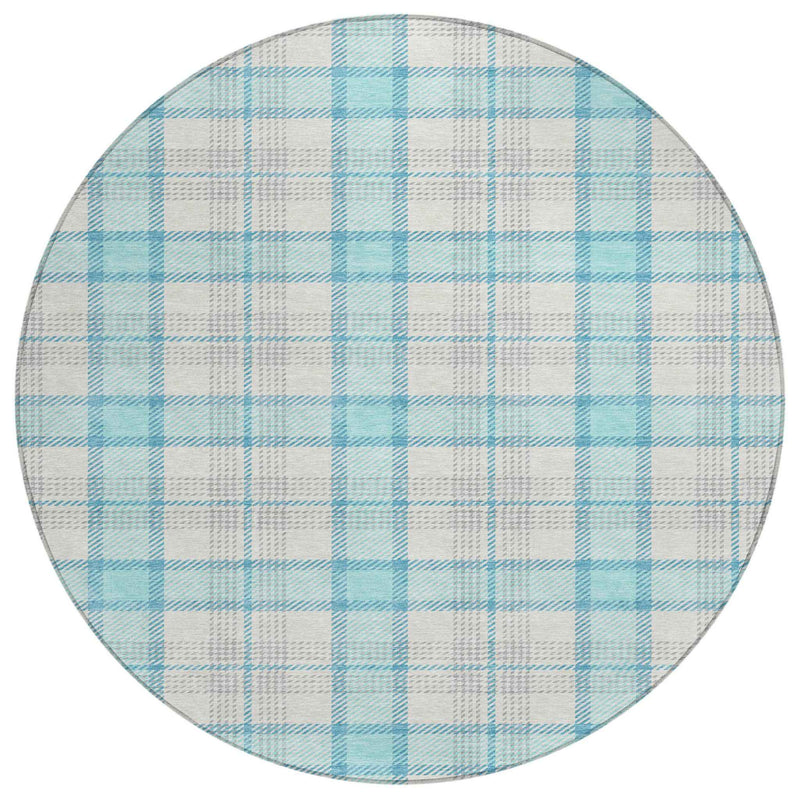 8' Aqua And Gray Round Plaid Washable Indoor Outdoor Area Rug