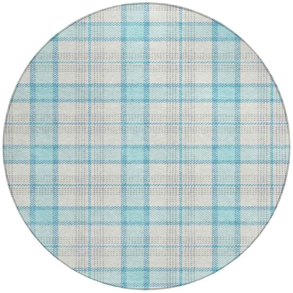8' Aqua And Gray Round Plaid Washable Indoor Outdoor Area Rug