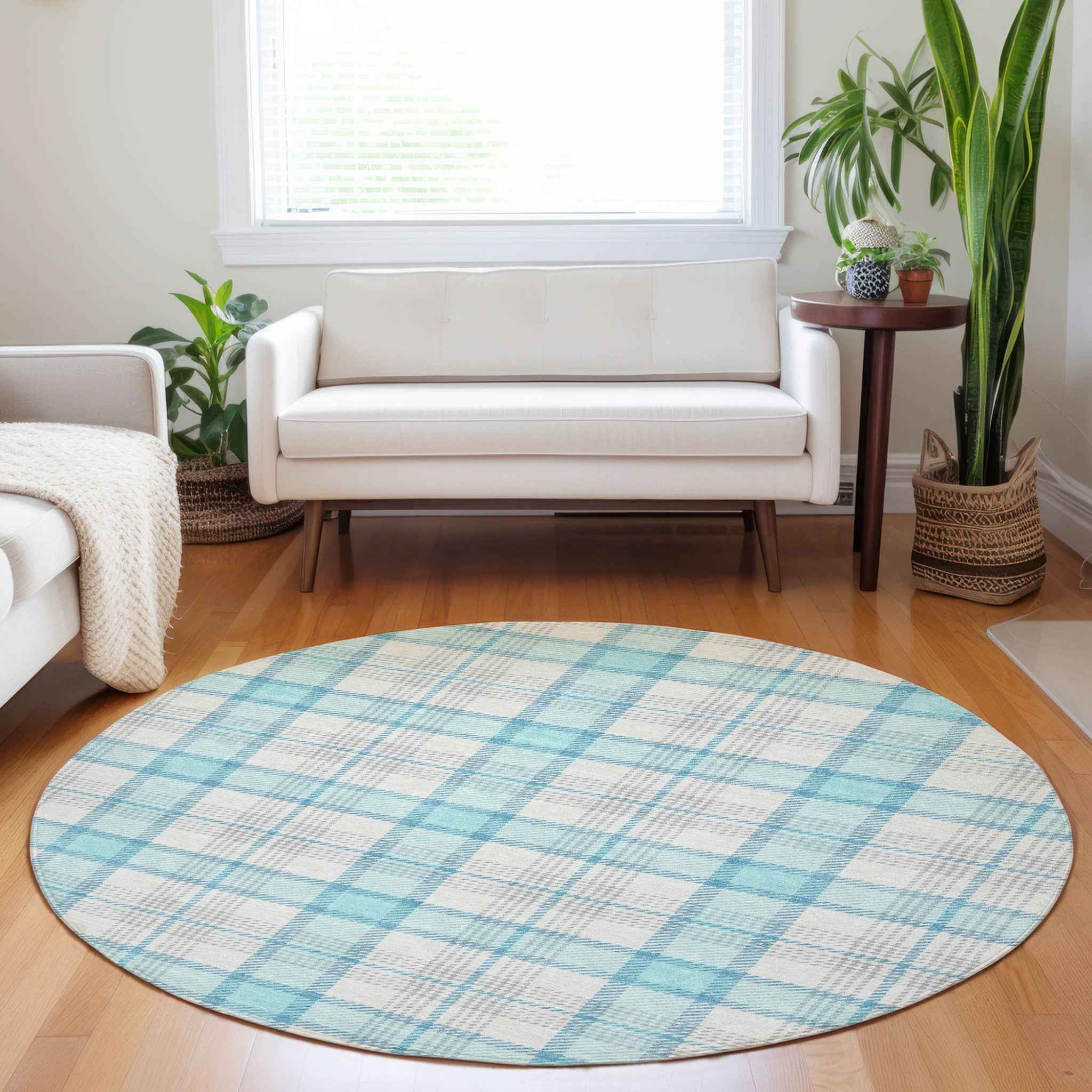 8' Aqua And Gray Round Plaid Washable Indoor Outdoor Area Rug