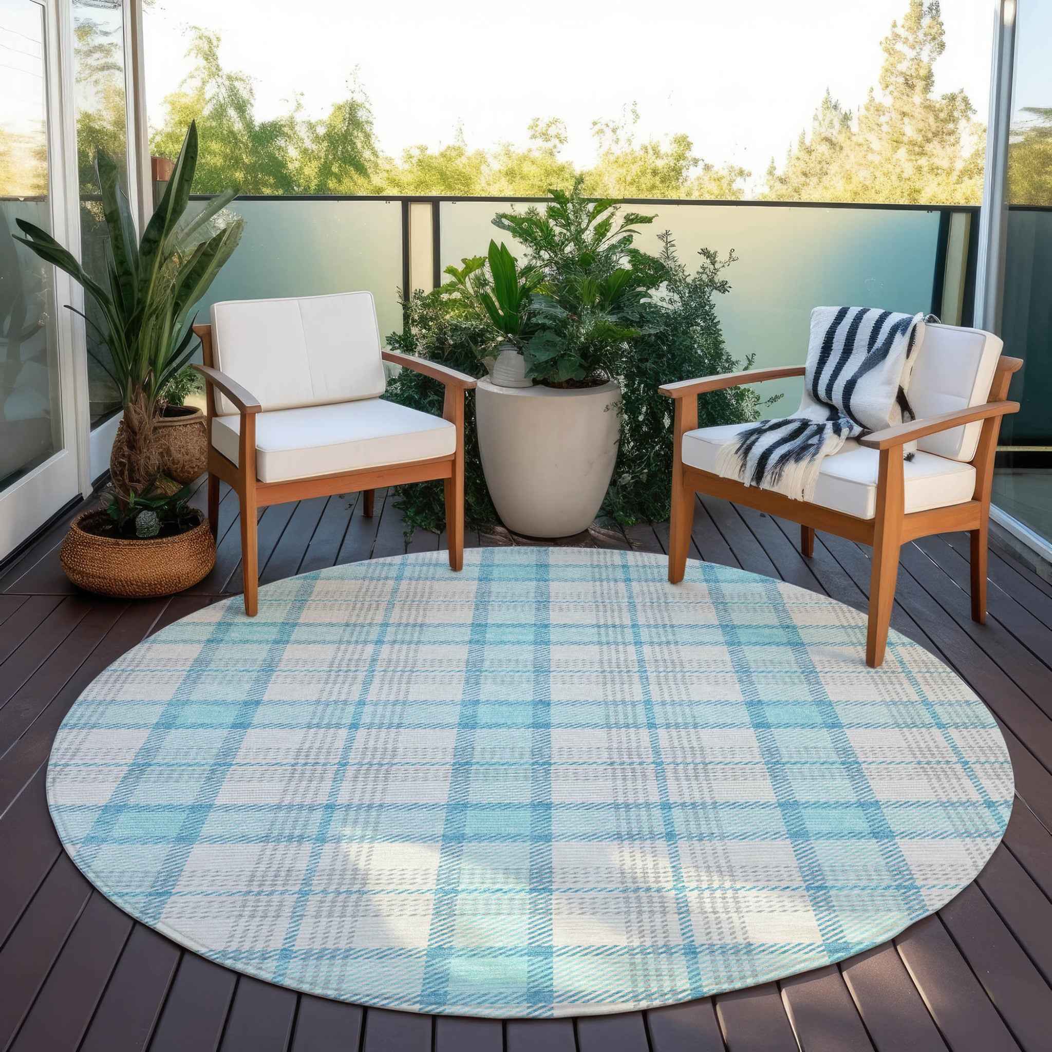 8' Aqua And Gray Round Plaid Washable Indoor Outdoor Area Rug