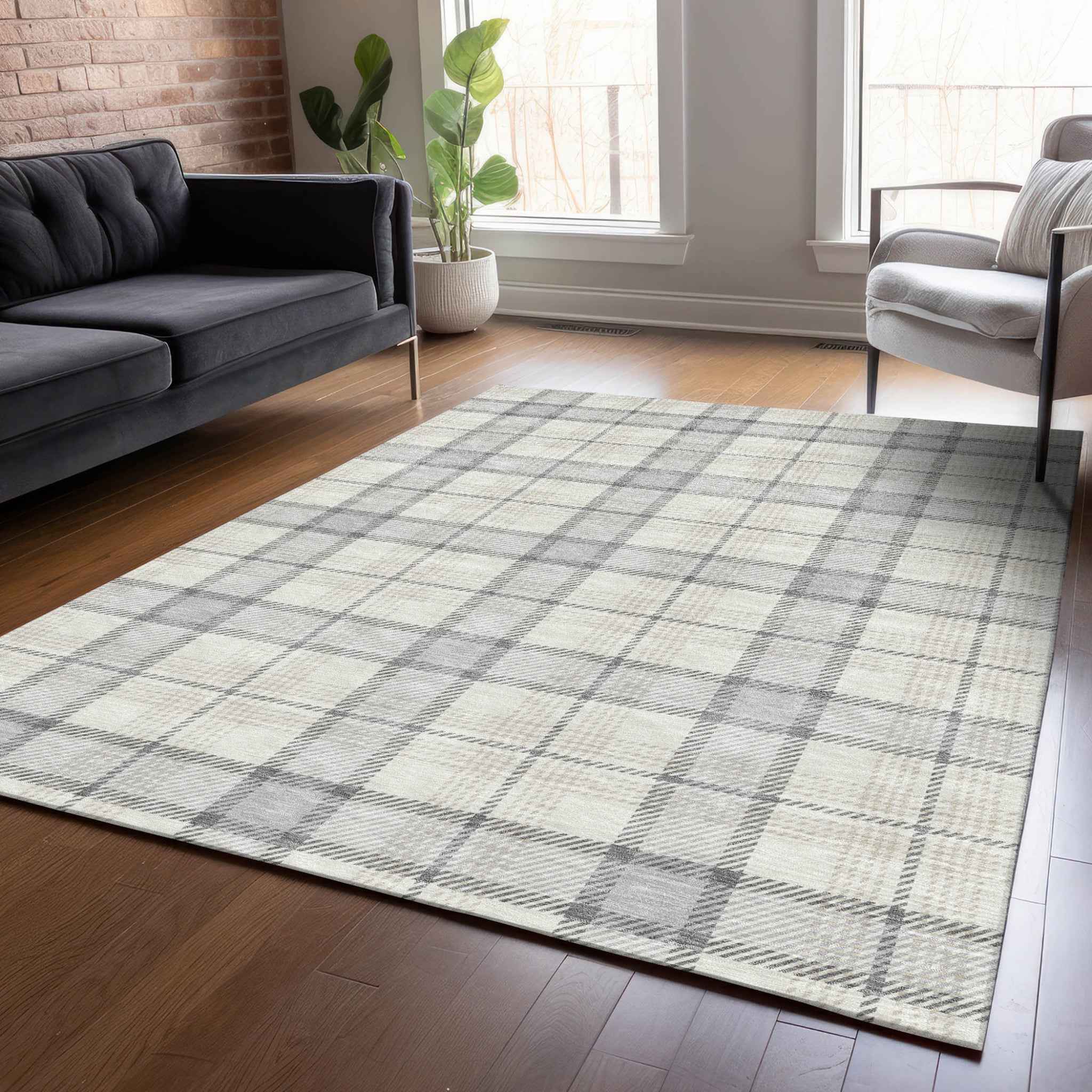 10' X 14' Silver And Gray Plaid Washable Indoor Outdoor Area Rug