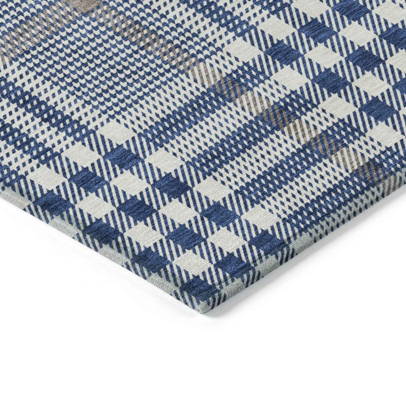 5' X 8' Navy Blue Ivory And Brown Plaid Washable Indoor Outdoor Area Rug