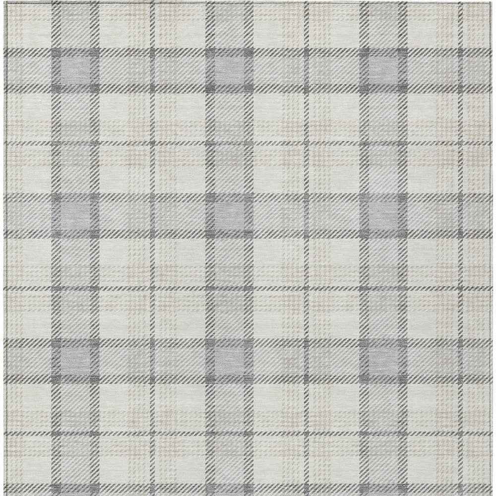 10' X 14' Silver And Gray Plaid Washable Indoor Outdoor Area Rug