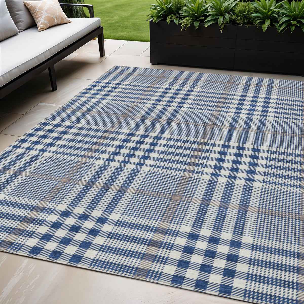 5' X 8' Navy Blue Ivory And Brown Plaid Washable Indoor Outdoor Area Rug