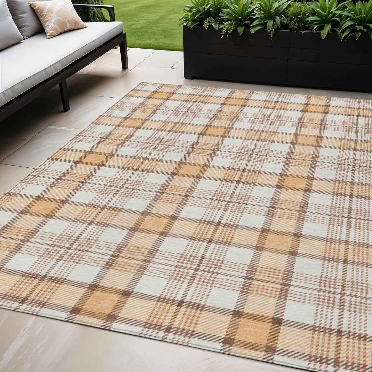 5' X 8' Peach And Beige Plaid Washable Indoor Outdoor Area Rug