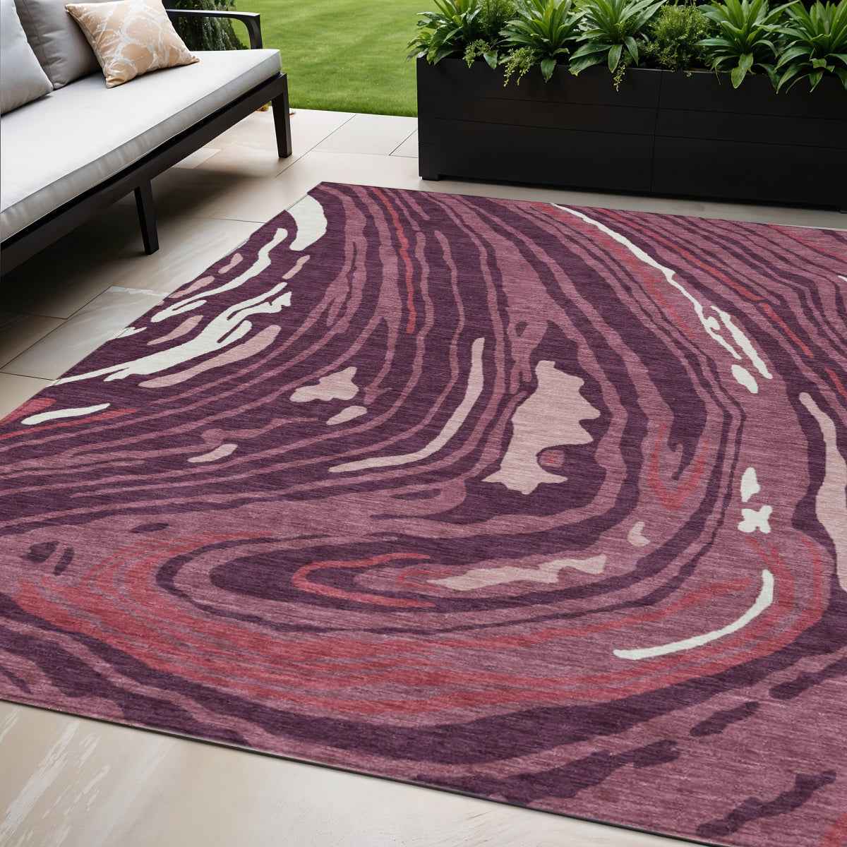 5' X 8' Burgundy Brick Red And Ivory Abstract Washable Indoor Outdoor Area Rug