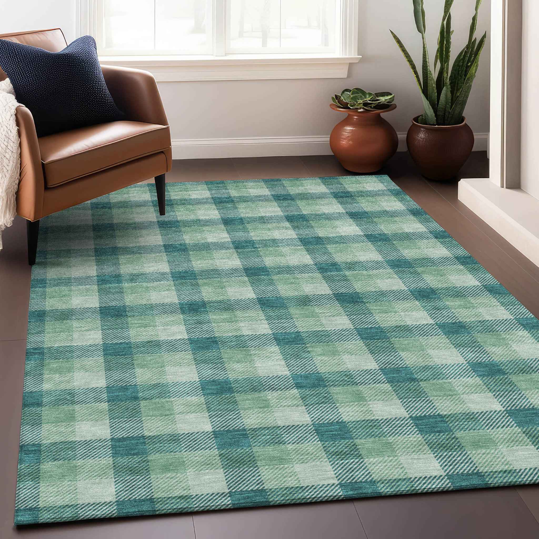 9' X 12' Blue And Green Plaid Washable Indoor Outdoor Area Rug