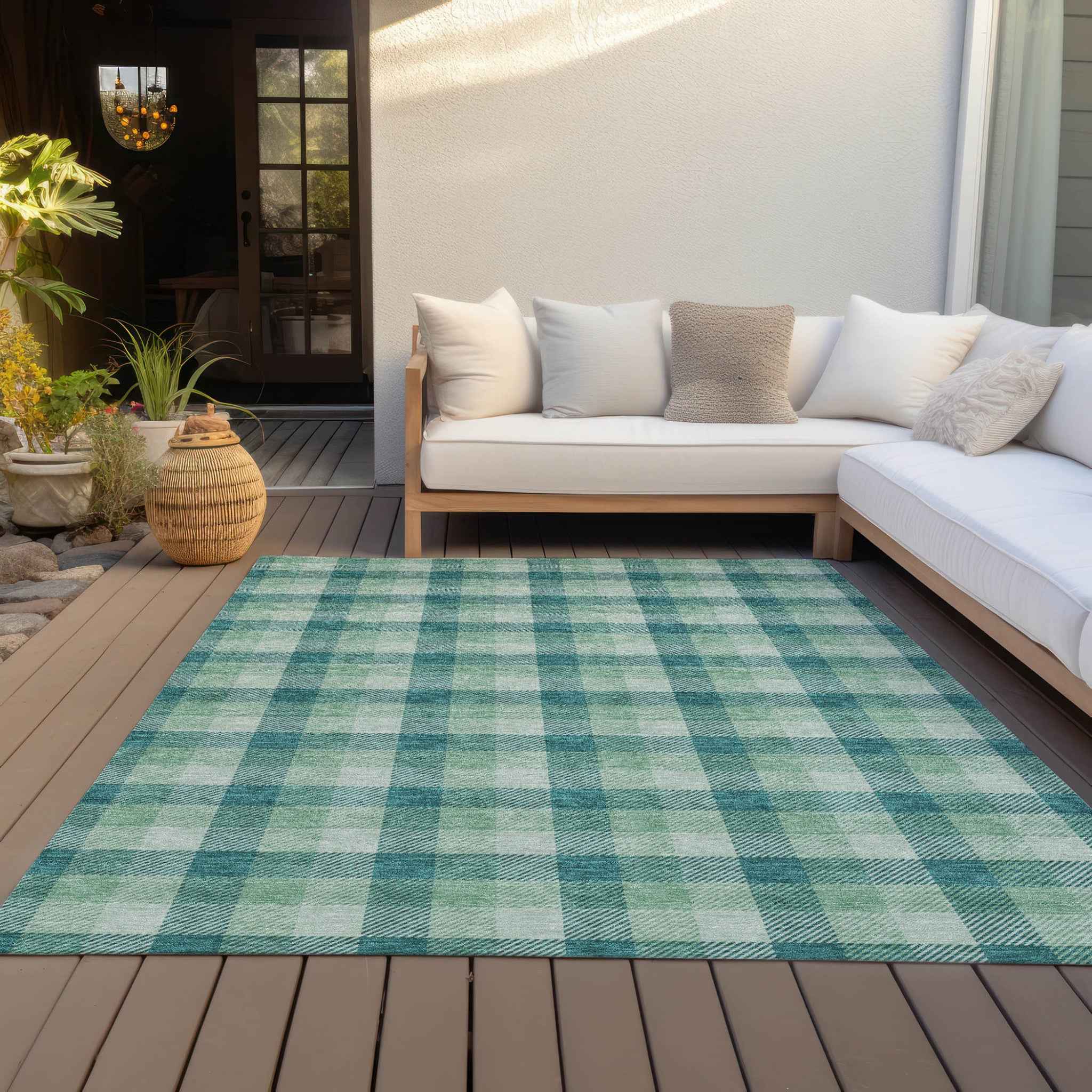 9' X 12' Blue And Green Plaid Washable Indoor Outdoor Area Rug