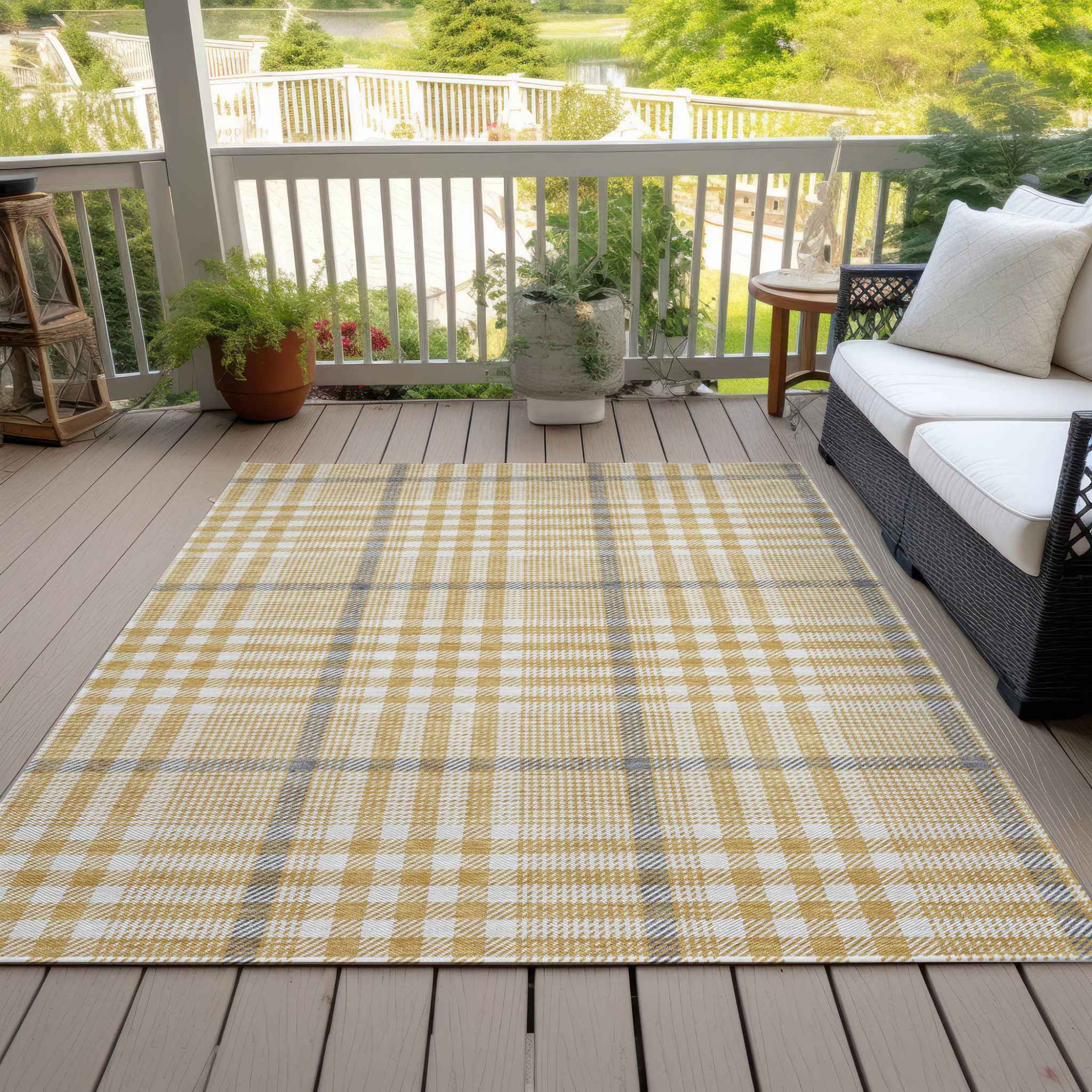 8' X 10' Gold Gray And Beige Plaid Washable Indoor Outdoor Area Rug