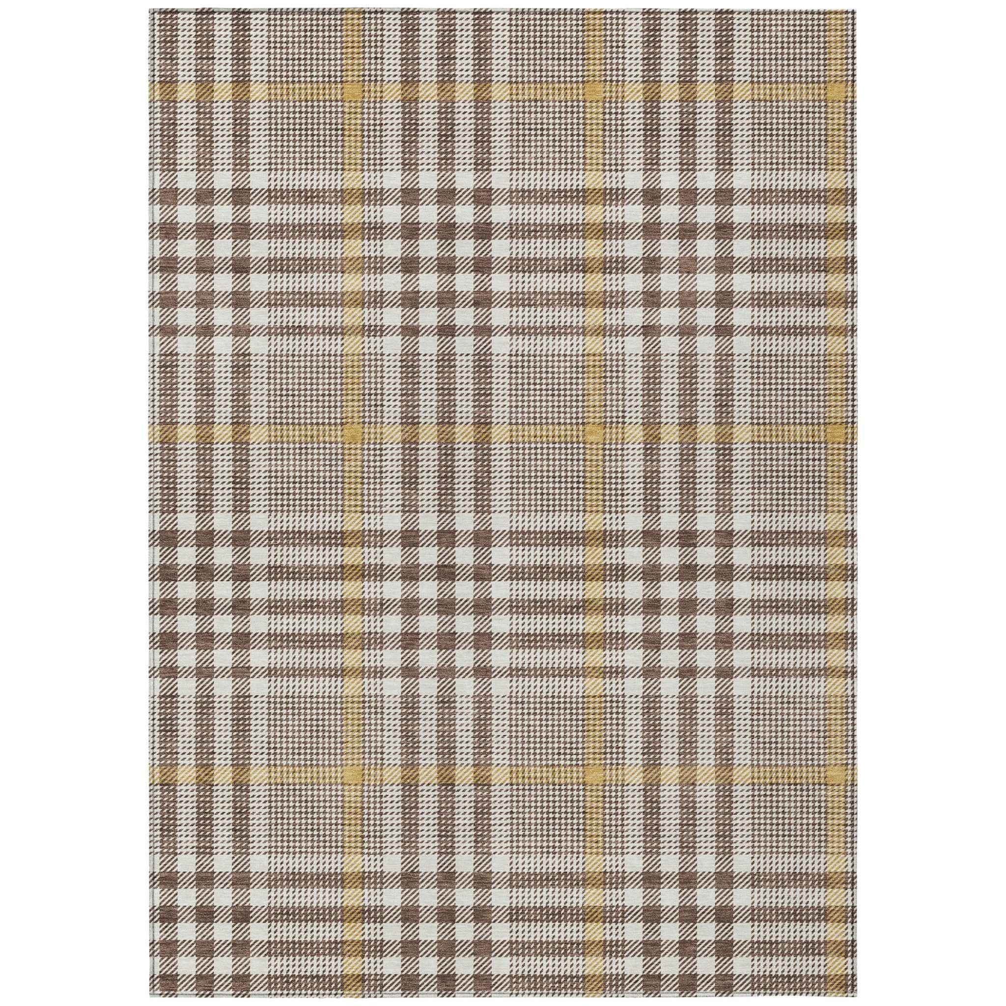 9' X 12' Brown And Beige Plaid Washable Indoor Outdoor Area Rug