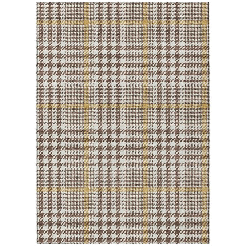 9' X 12' Brown And Beige Plaid Washable Indoor Outdoor Area Rug