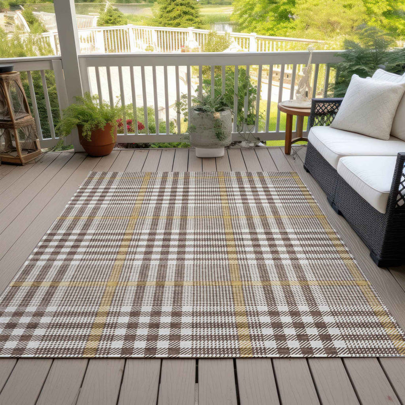 9' X 12' Brown And Beige Plaid Washable Indoor Outdoor Area Rug