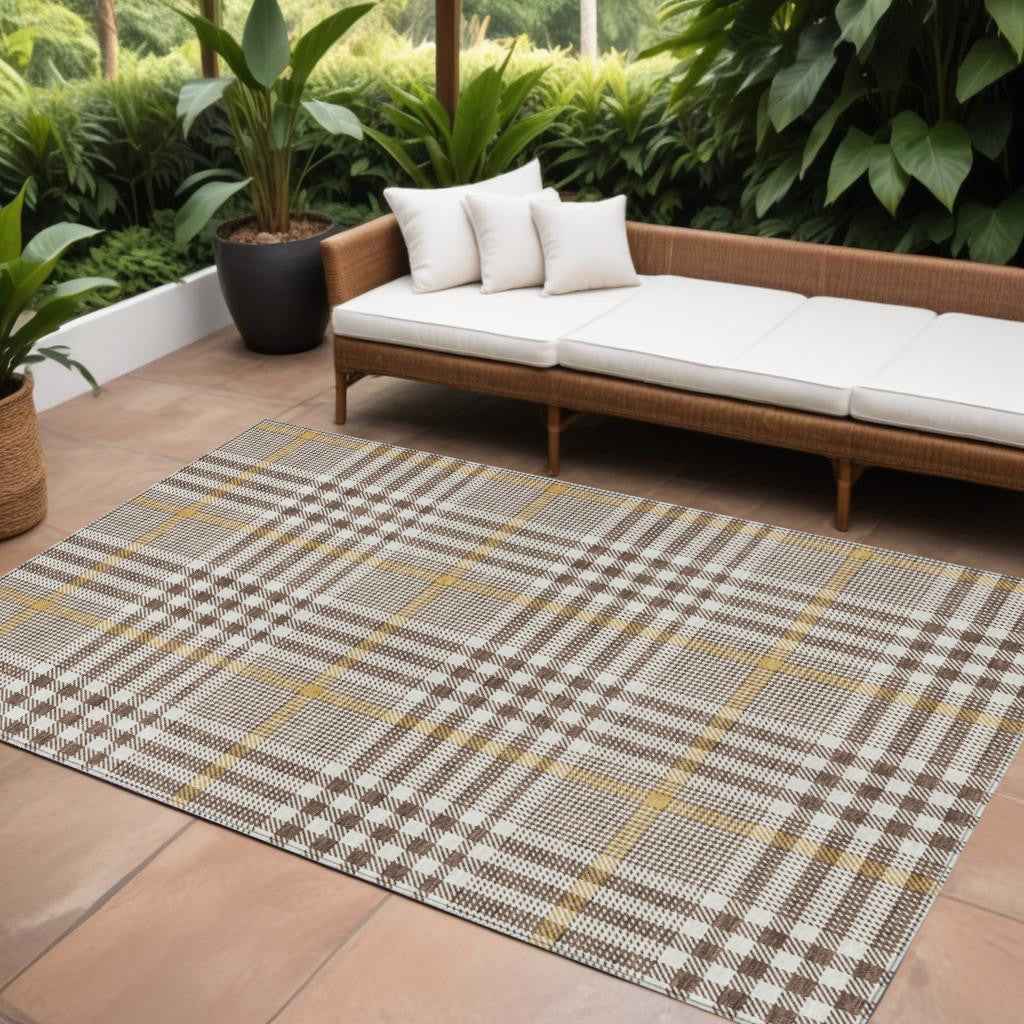 9' X 12' Brown And Beige Plaid Washable Indoor Outdoor Area Rug