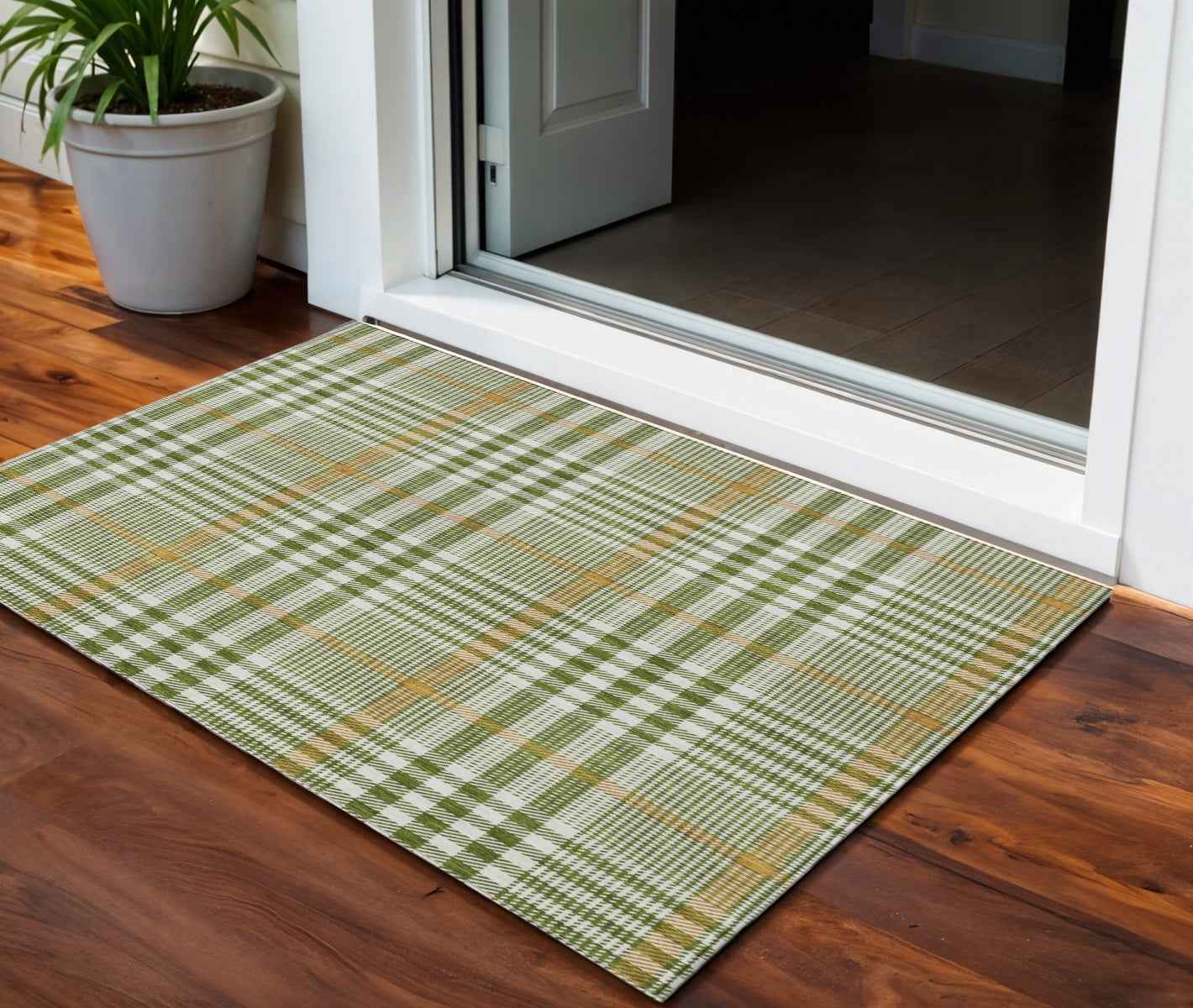 3' X 5' Olive Green Brown And Ivory Plaid Washable Indoor Outdoor Area Rug