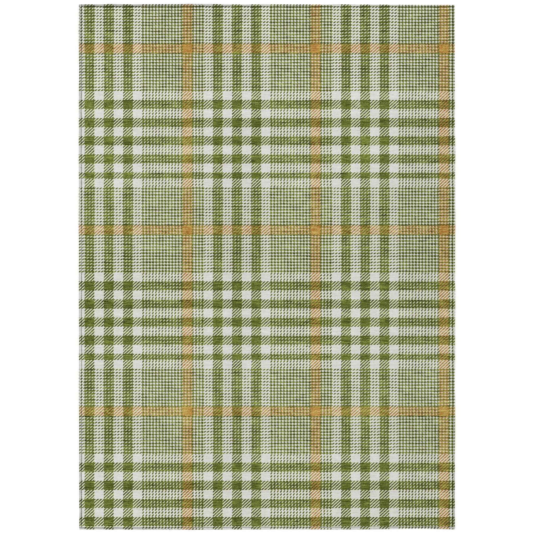 3' X 5' Olive Green Brown And Ivory Plaid Washable Indoor Outdoor Area Rug
