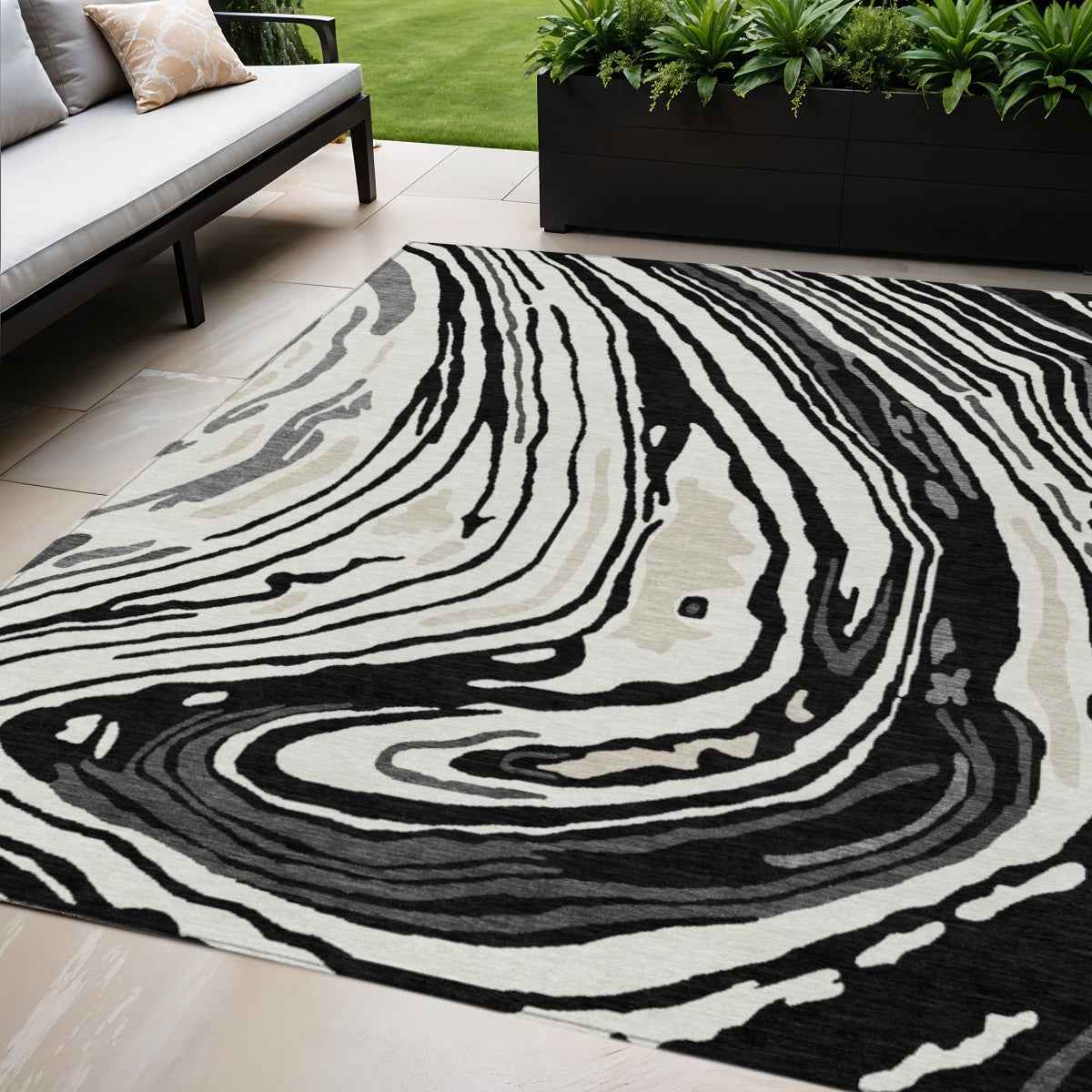 5' X 8' Black Gray And Ivory Abstract Washable Indoor Outdoor Area Rug