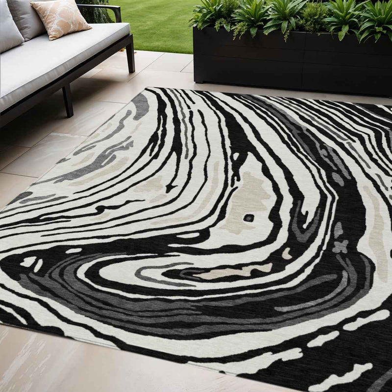 5' X 8' Black Gray And Ivory Abstract Washable Indoor Outdoor Area Rug
