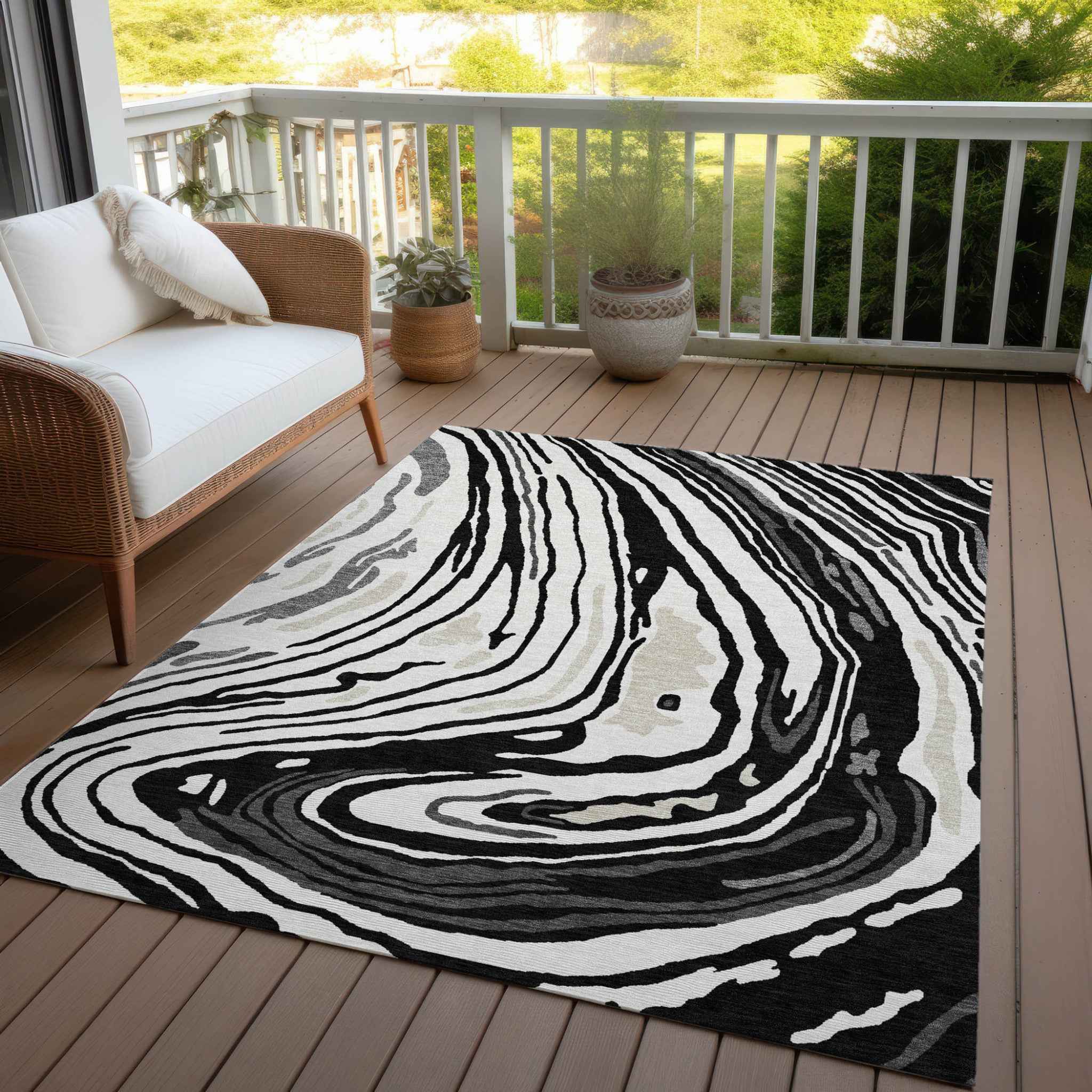 5' X 8' Black Gray And Ivory Abstract Washable Indoor Outdoor Area Rug