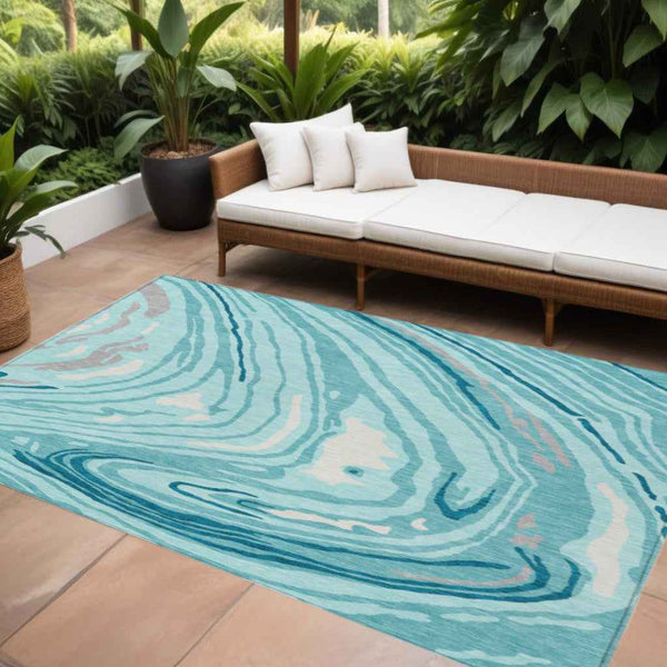 9' X 12' Turquoise Teal Blue And Gray Abstract Washable Indoor Outdoor Area Rug