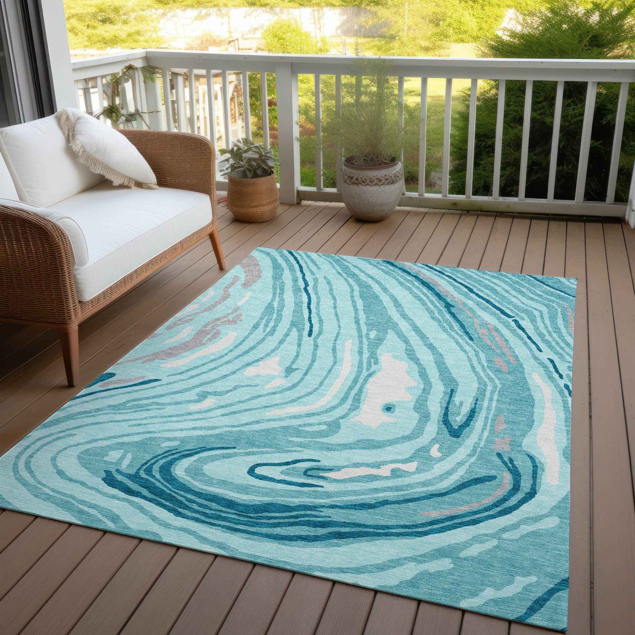9' X 12' Turquoise Teal Blue And Gray Abstract Washable Indoor Outdoor Area Rug