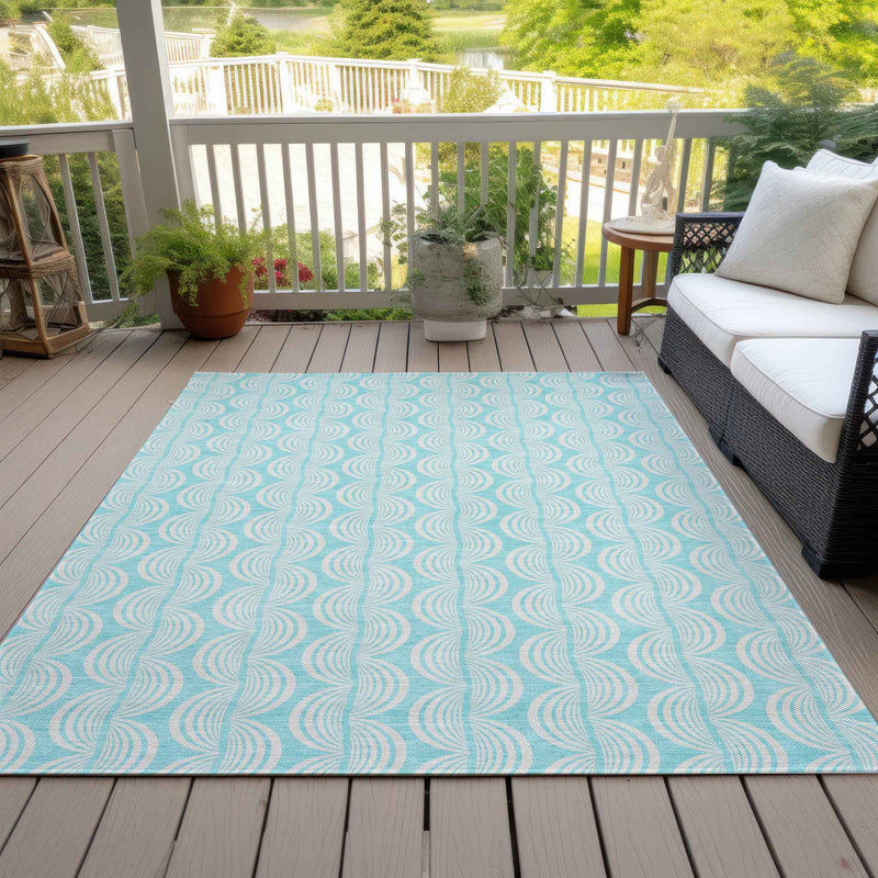 8' X 10' Aqua And Beige Ogee Washable Indoor Outdoor Area Rug