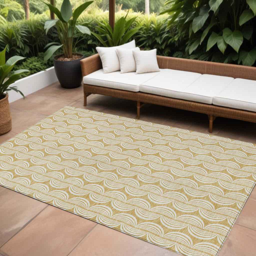 10' X 14' Gold And Beige Ogee Washable Indoor Outdoor Area Rug