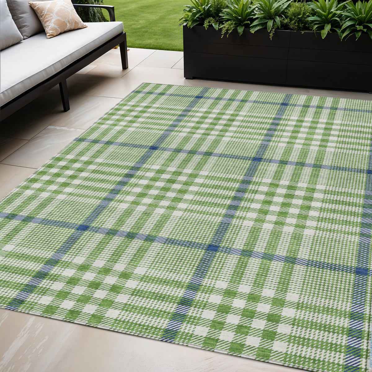 5' X 8' Green And Ivory Plaid Washable Indoor Outdoor Area Rug
