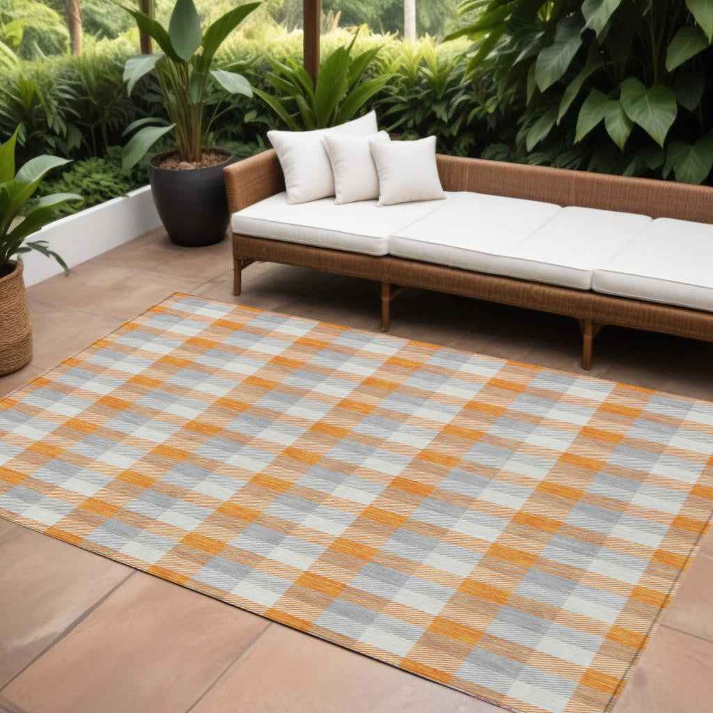 8' X 10' Orange Gray And Beige Plaid Washable Indoor Outdoor Area Rug