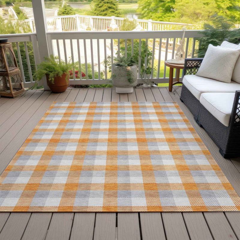 8' X 10' Orange Gray And Beige Plaid Washable Indoor Outdoor Area Rug