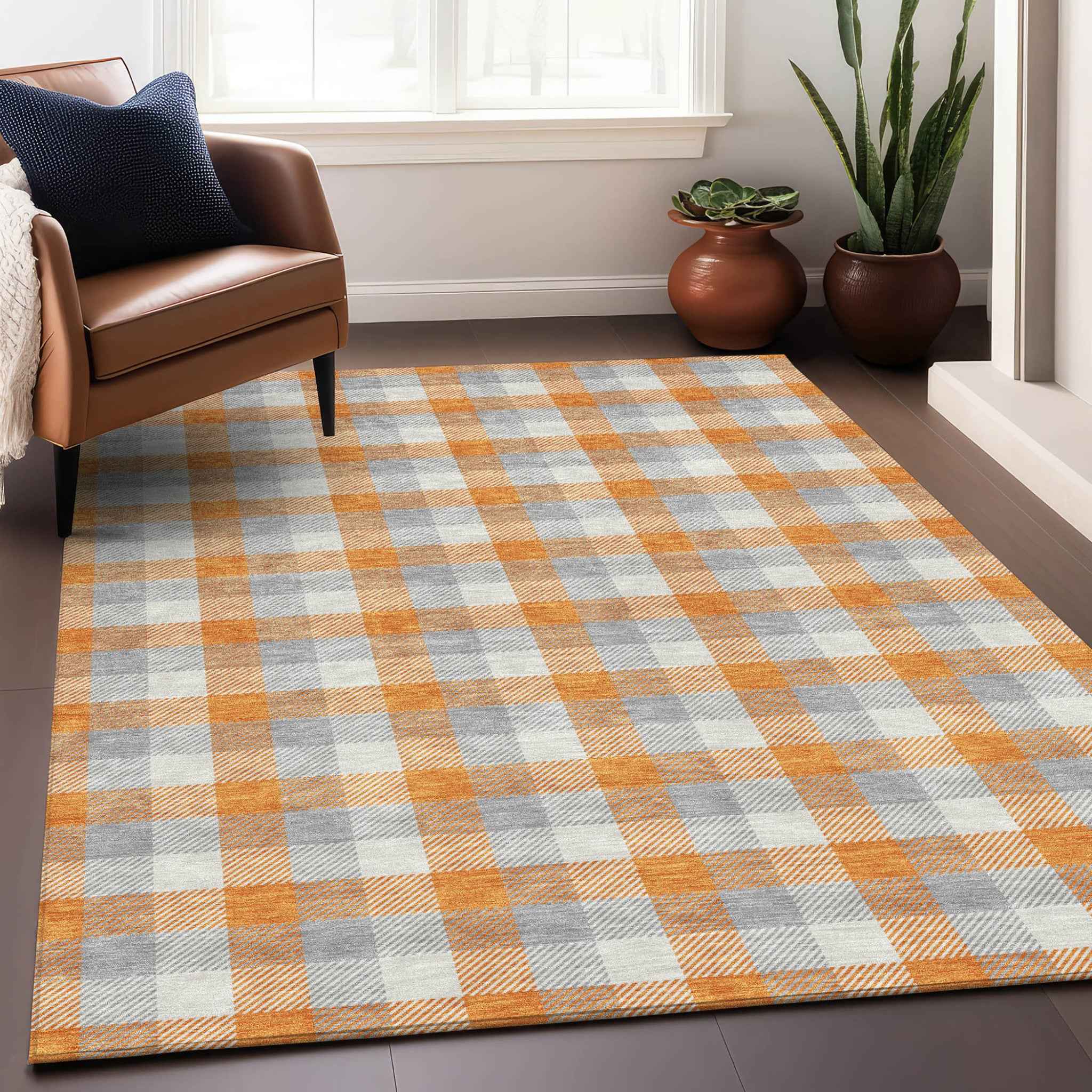 8' X 10' Orange Gray And Beige Plaid Washable Indoor Outdoor Area Rug