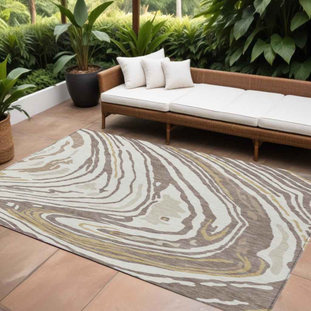 10' X 14' Taupe Brown And Beige Abstract Washable Indoor Outdoor Area Rug