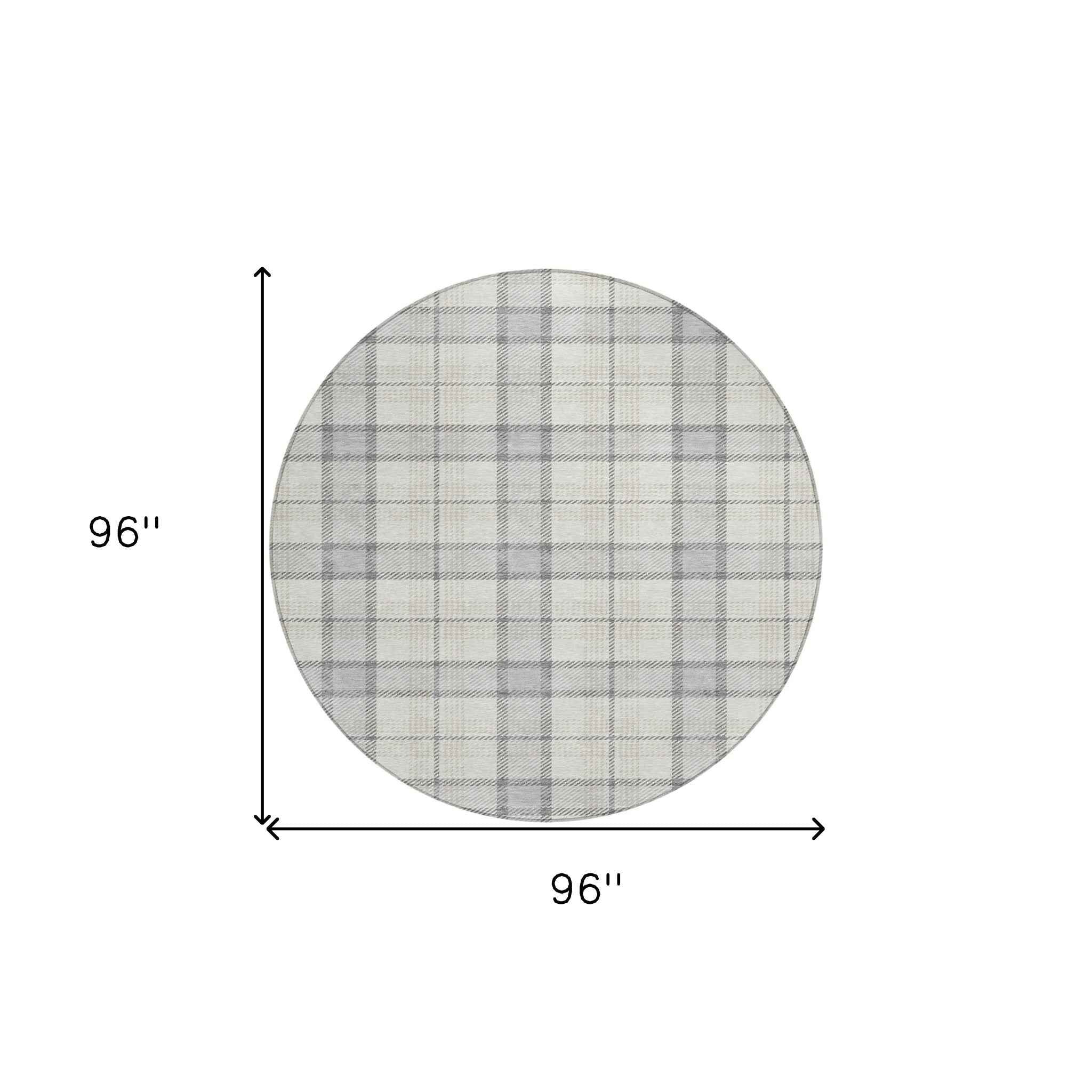 8' Silver And Gray Round Plaid Washable Indoor Outdoor Area Rug