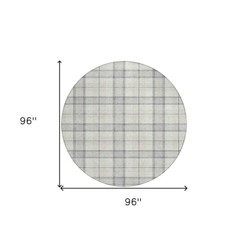 8' Silver And Gray Round Plaid Washable Indoor Outdoor Area Rug