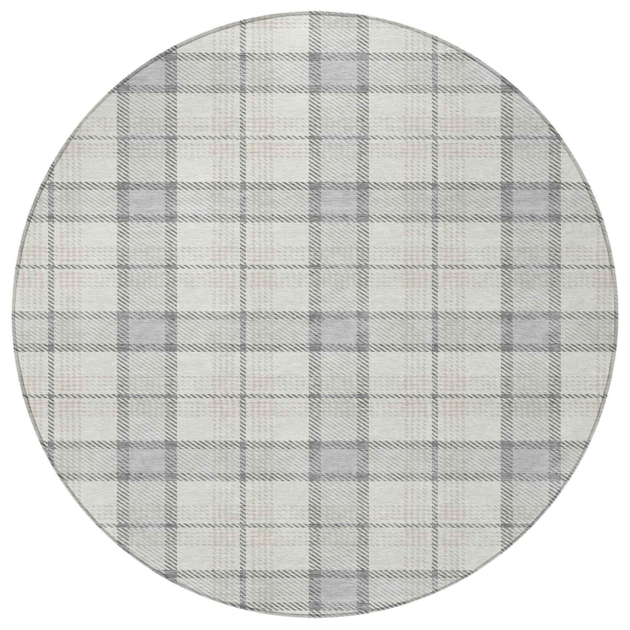 8' Silver And Gray Round Plaid Washable Indoor Outdoor Area Rug