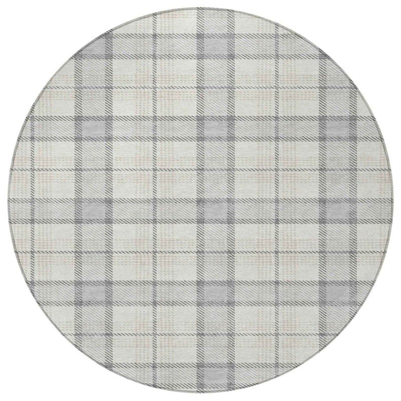 8' Silver And Gray Round Plaid Washable Indoor Outdoor Area Rug
