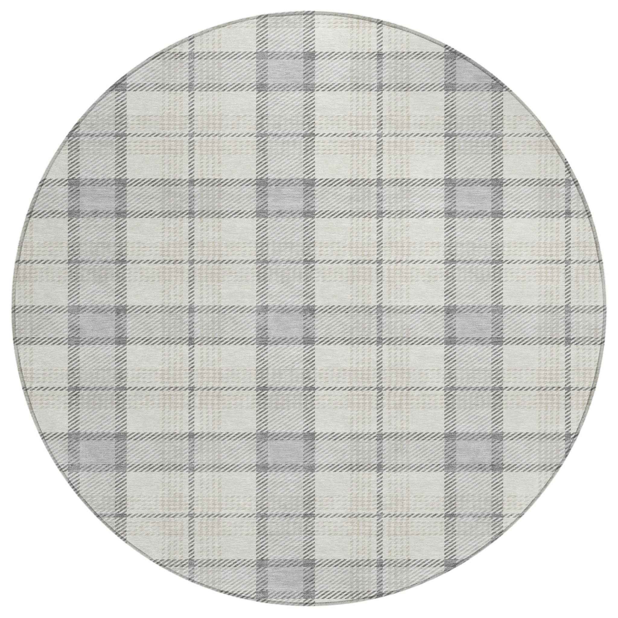 8' Silver And Gray Round Plaid Washable Indoor Outdoor Area Rug